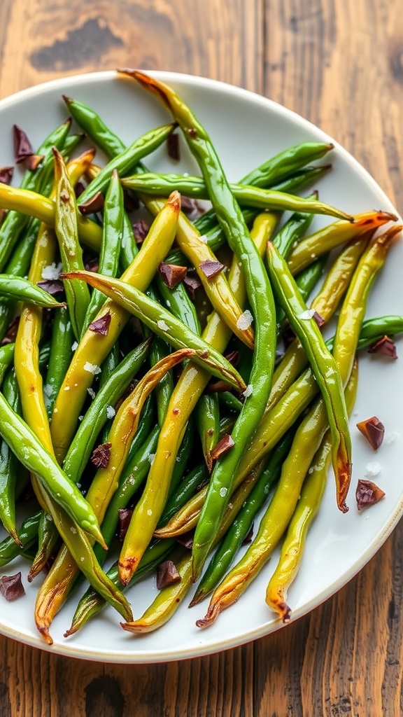 Crispy roasted green beans lightly seasoned, served on a plate with a rustic wooden table background.